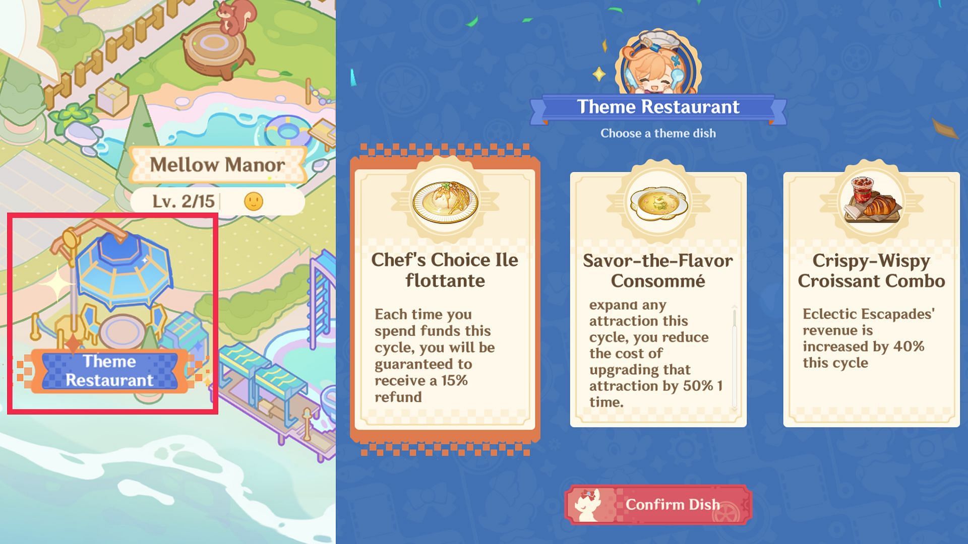 The Theme Dish for every cycle can be selected from the Theme Restaurant (Image via Sportskeeda Gaming/HoYoverse)